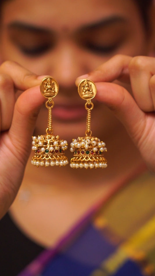 Temple Motif Pearl Jhumka Earrings with Antique Gold Finish  [MU1]