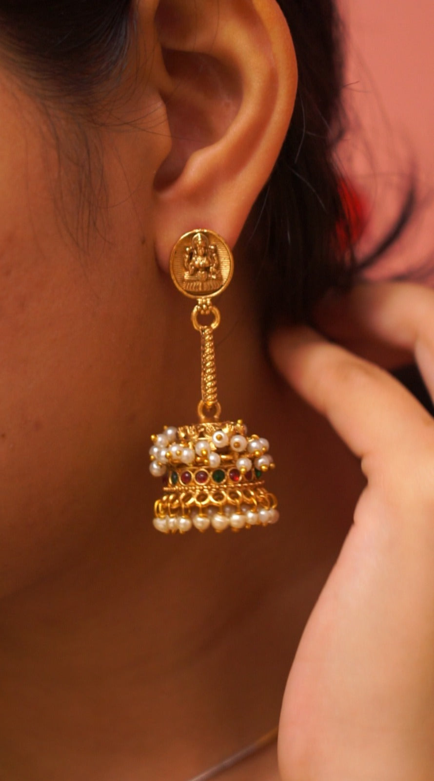 Temple Motif Pearl Jhumka Earrings with Antique Gold Finish  [MU1]