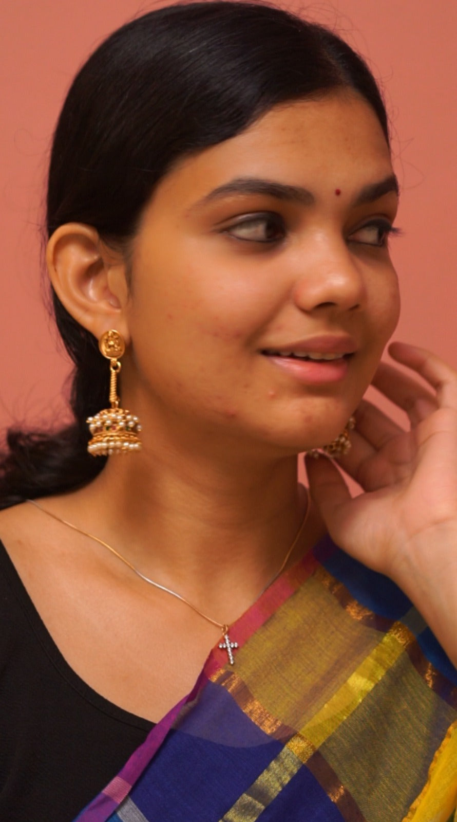 Temple Motif Pearl Jhumka Earrings with Antique Gold Finish  [MU1]