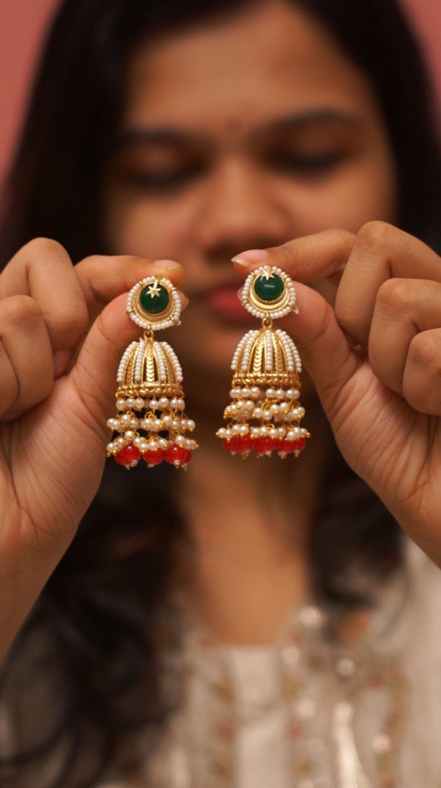 Emerald Green Pearl Jhumka Earrings [NS01]