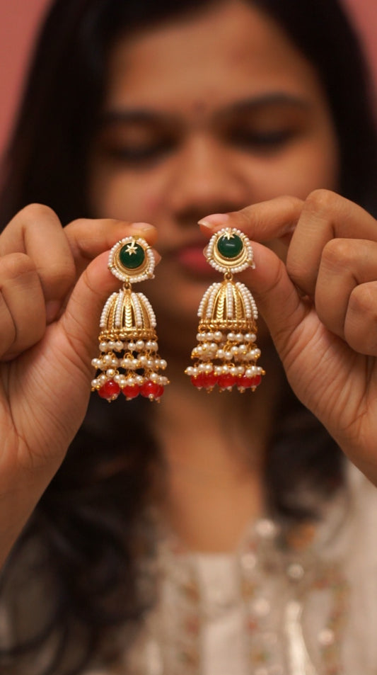 Emerald Green Pearl Jhumka Earrings [NS01]