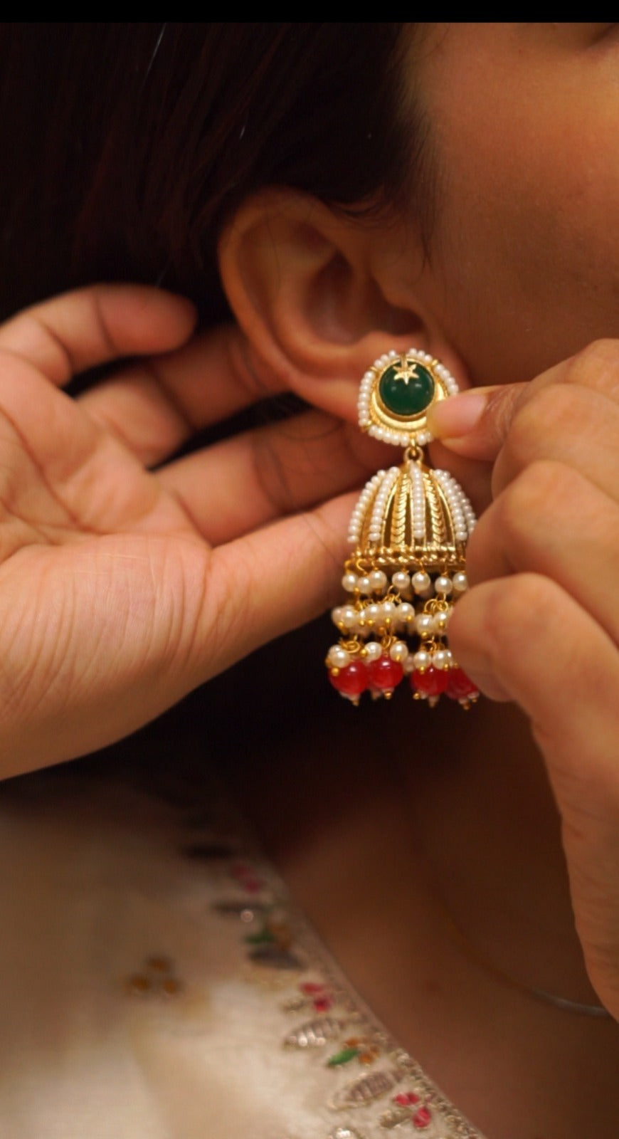 Emerald Green Pearl Jhumka Earrings [NS01]