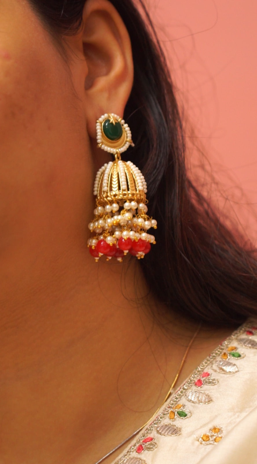 Emerald Green Pearl Jhumka Earrings [NS01]