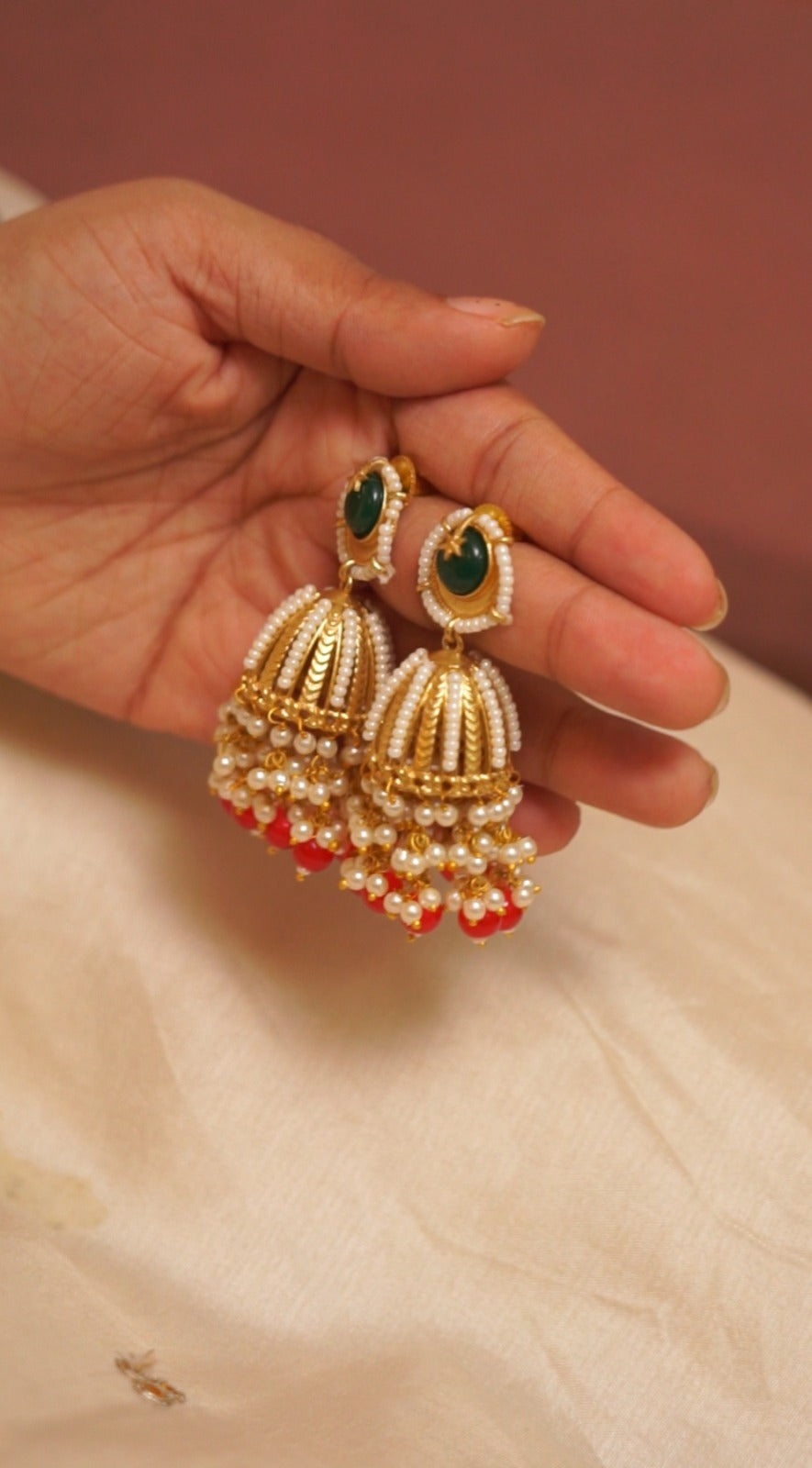 Emerald Green Pearl Jhumka Earrings [NS01]