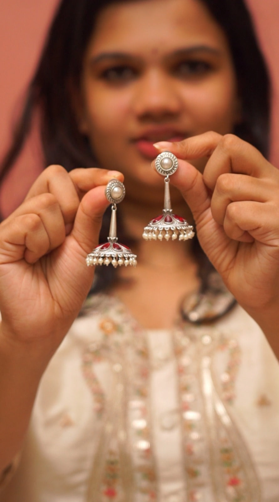 Pearl & Ruby Silver Jhumka Earrings [NS5]