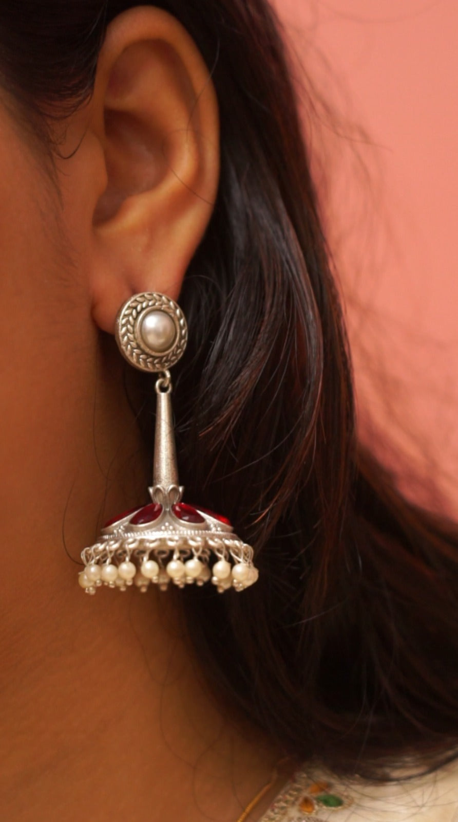 Pearl & Ruby Silver Jhumka Earrings [NS5]