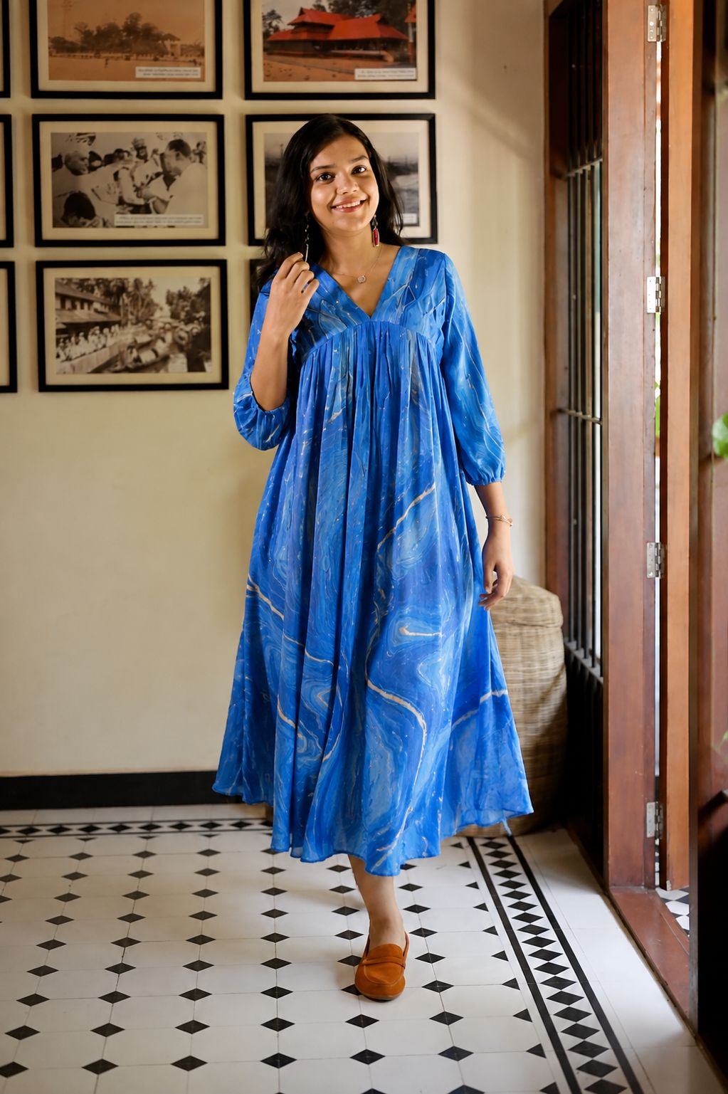 Blue Printed Satin Flared Kurthi [SF011]