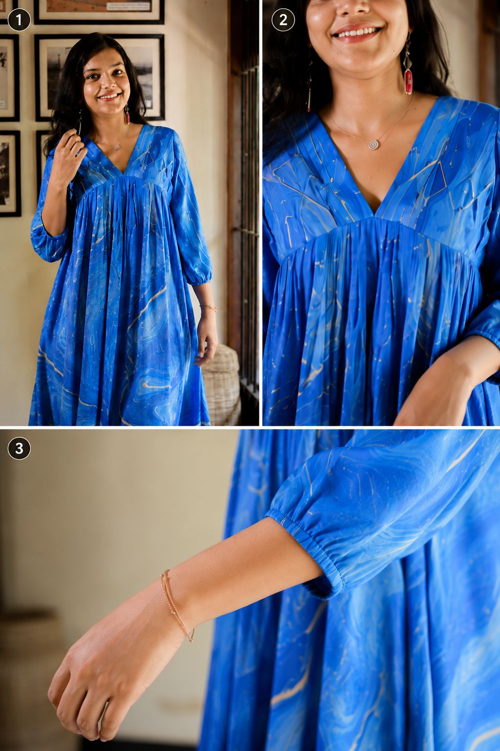 Blue Printed Satin Flared Kurthi [SF011]