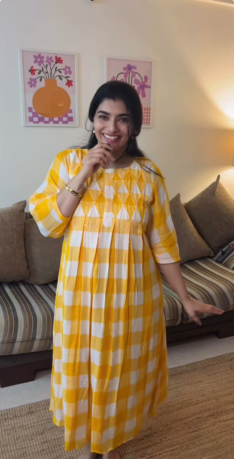 Cotton Yarn-Dyed Yellow Check Kurthi [ZD01]