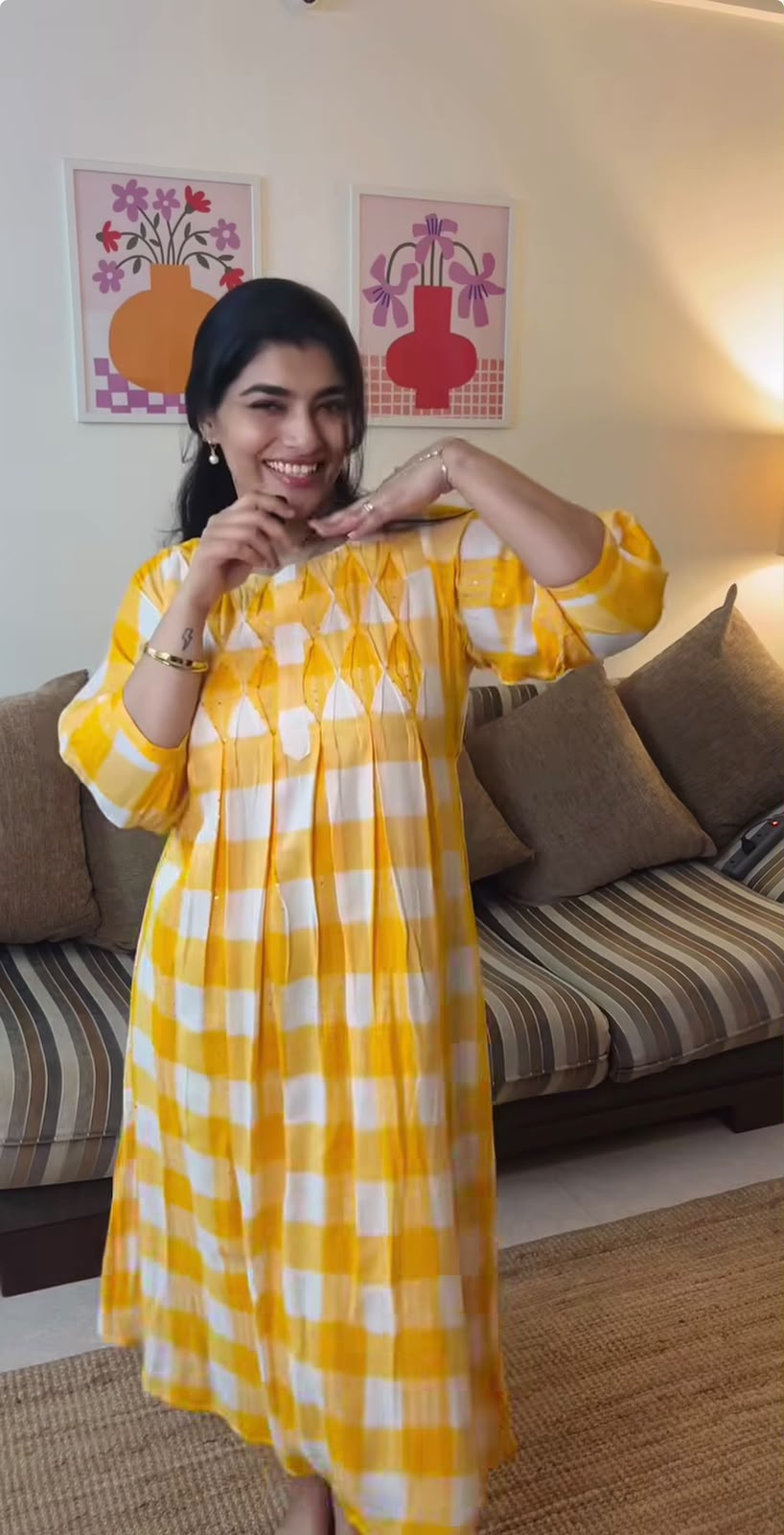 Cotton Yarn-Dyed Yellow Check Kurthi [ZD01]