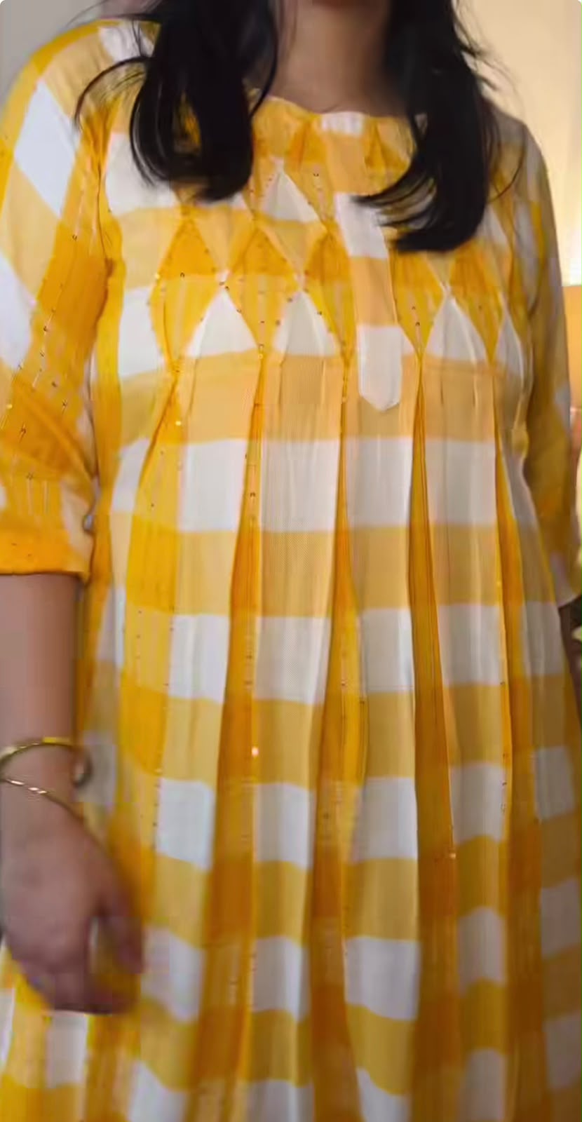 Cotton Yarn-Dyed Yellow Check Kurthi [ZD01]