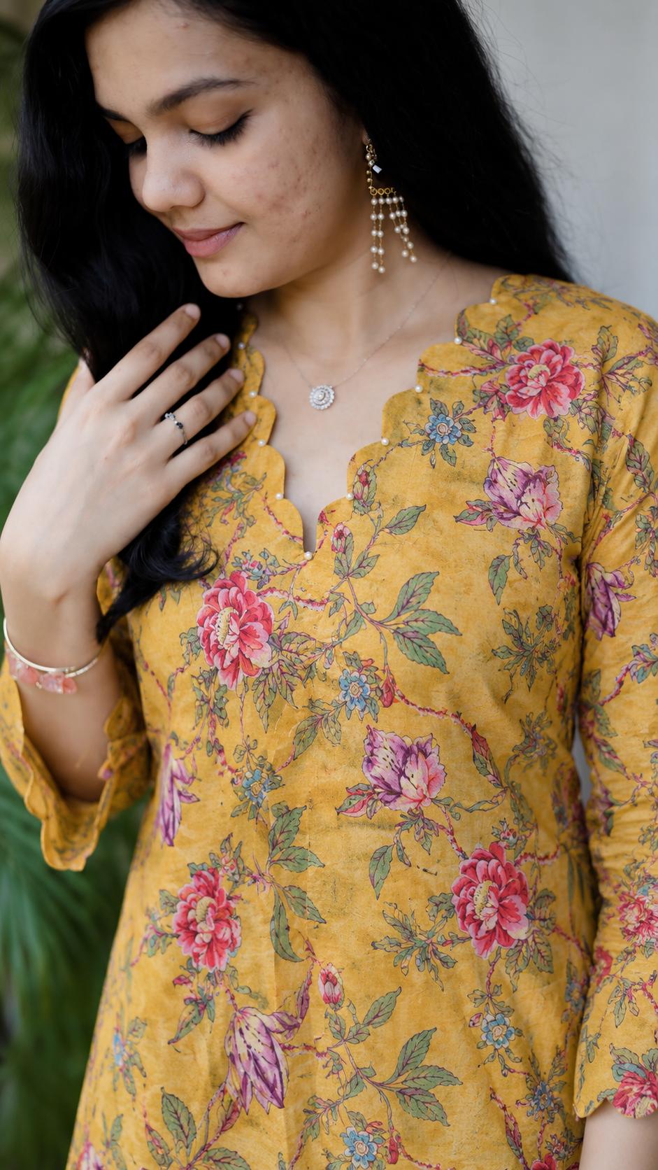 Crushed Georgette Floral Flared Kurthi [FS013]