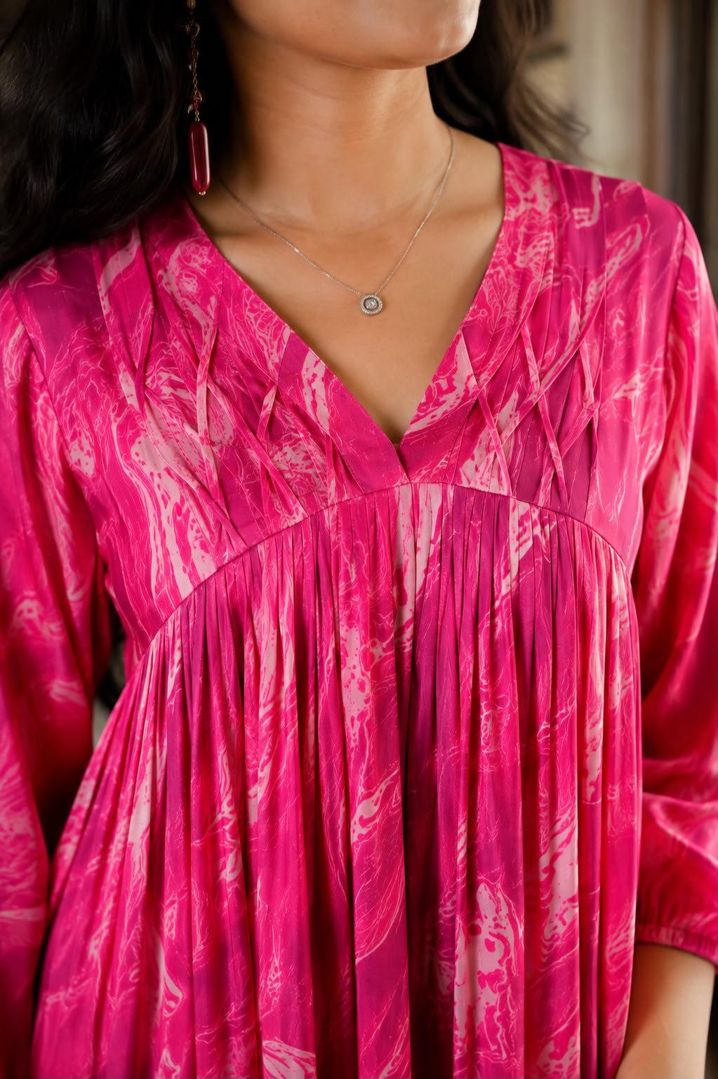 Pink Printed Satin Flared Kurthi [SF012]