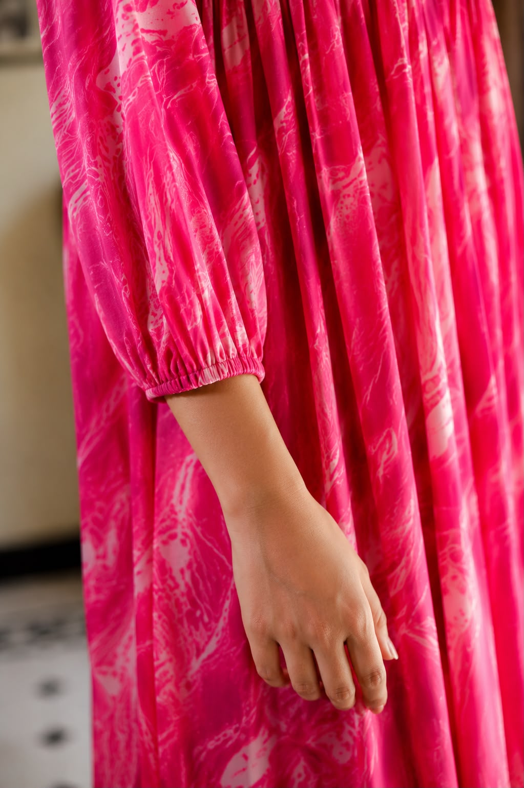 Pink Printed Satin Flared Kurthi [SF012]