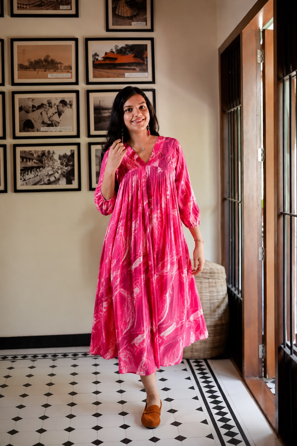 Pink Printed Satin Flared Kurthi [SF012]