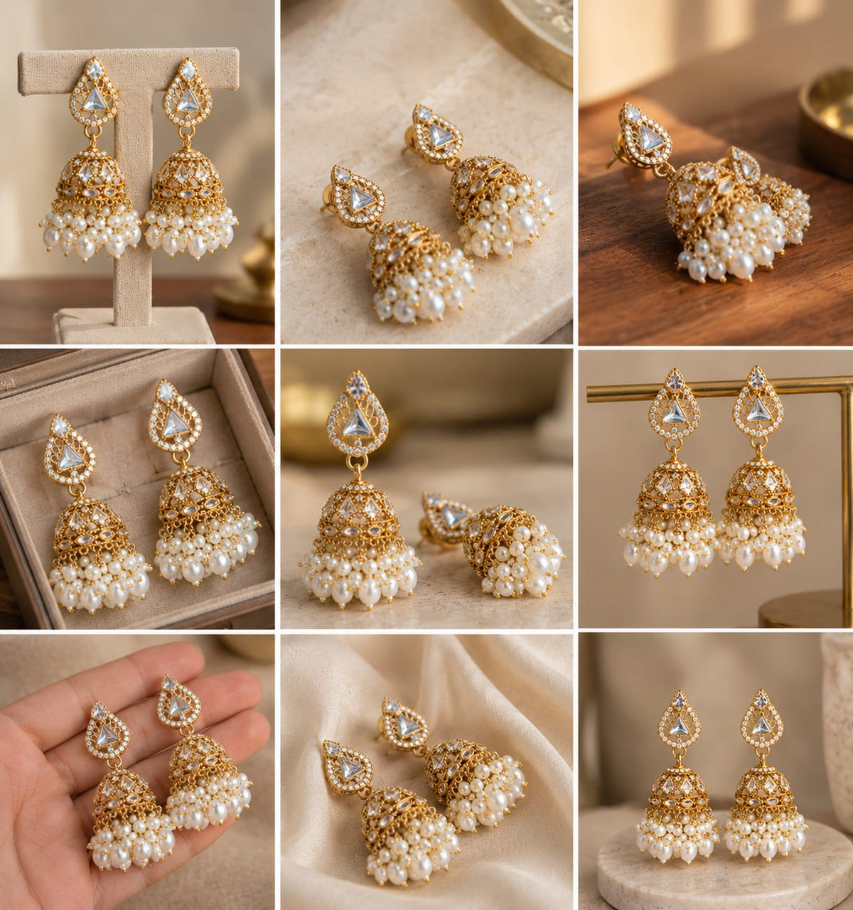Elegant Pearl & Crystal Gold Jhumka Earrings [J59]