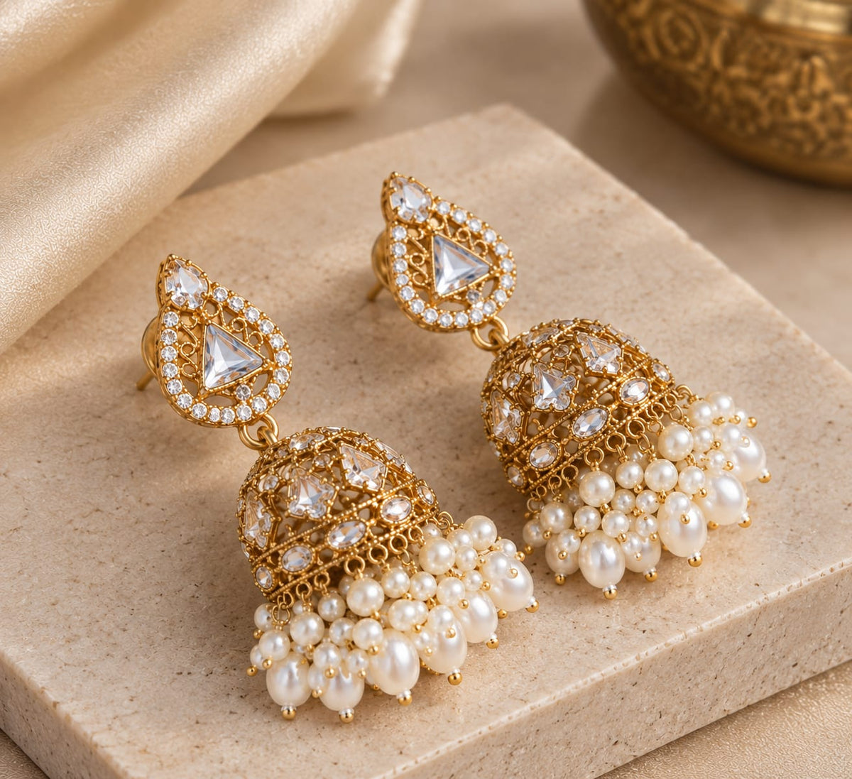 Elegant Pearl & Crystal Gold Jhumka Earrings [J59]