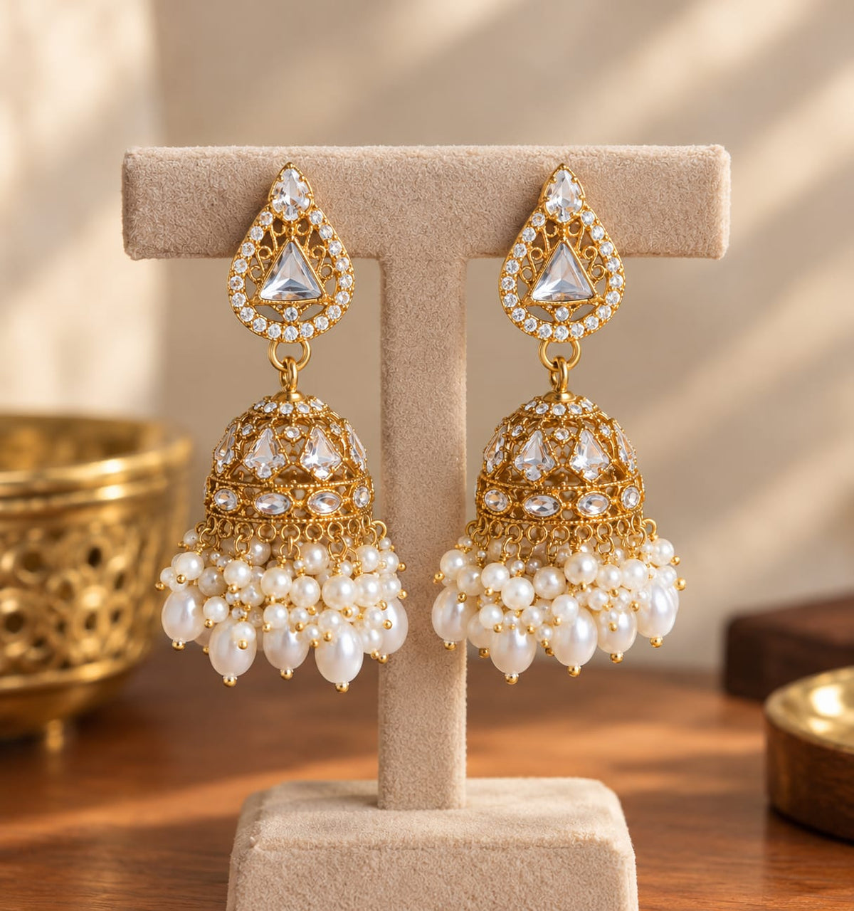 Elegant Pearl & Crystal Gold Jhumka Earrings [J59]