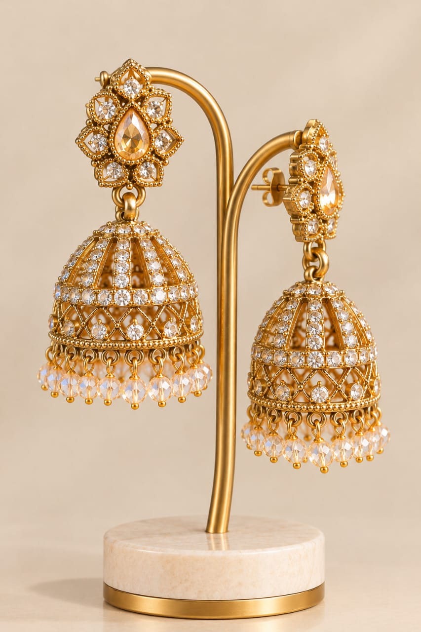 Golden Glow Crystal Jhumka Earrings [J69]