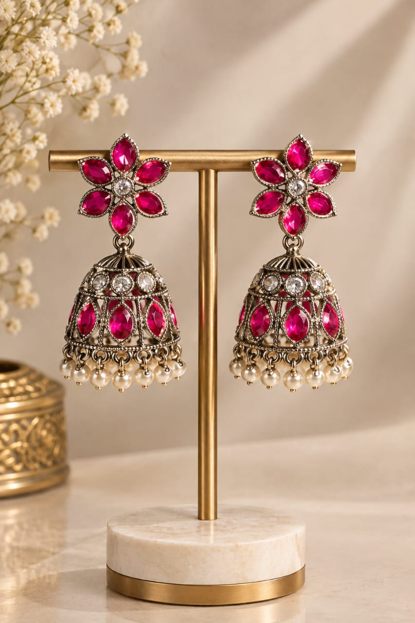 Pink Stone Floral Jhumka Earrings [J55]