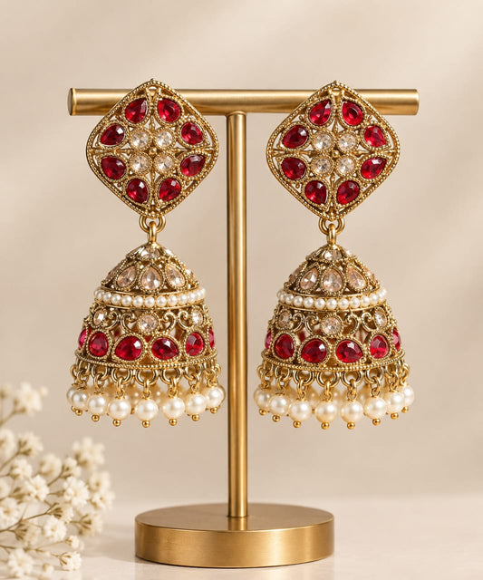 Royal Ruby Red & Gold Jhumka Earrings [J62]