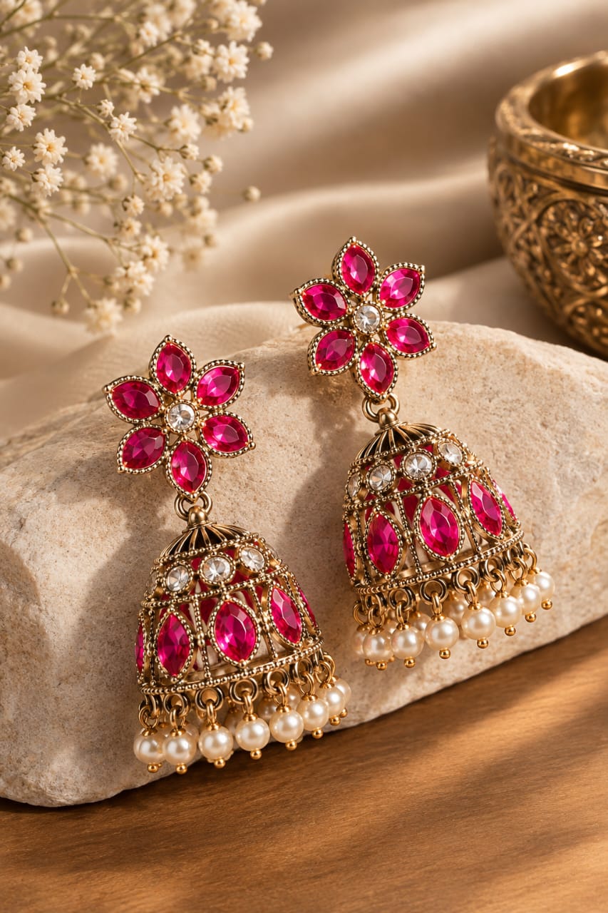 Pink Stone Floral Jhumka Earrings [J55]