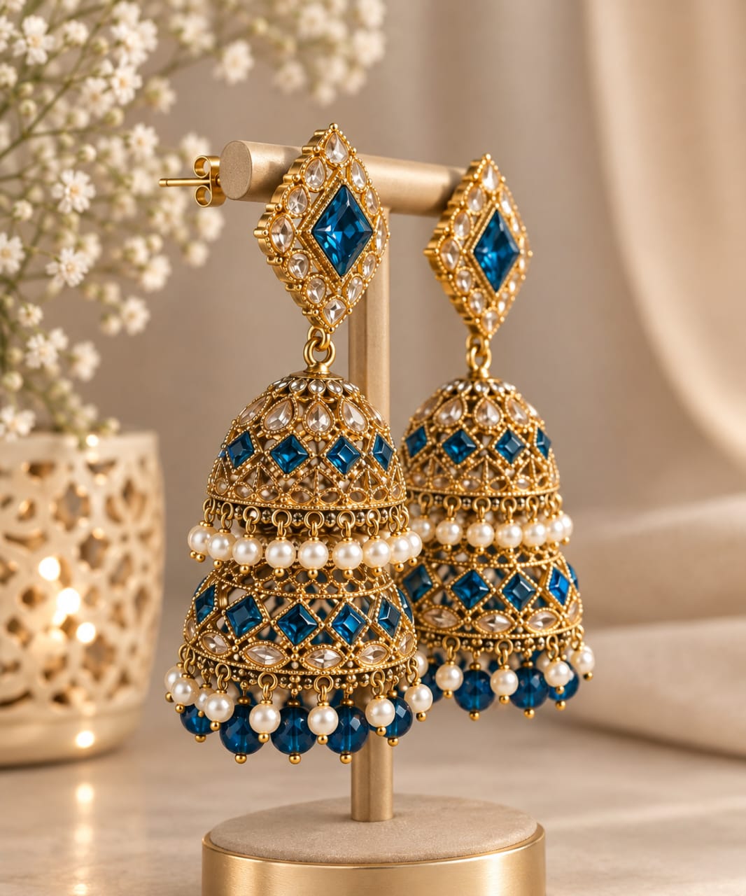Royal Blue & Gold Jhumka Earrings  [J56]