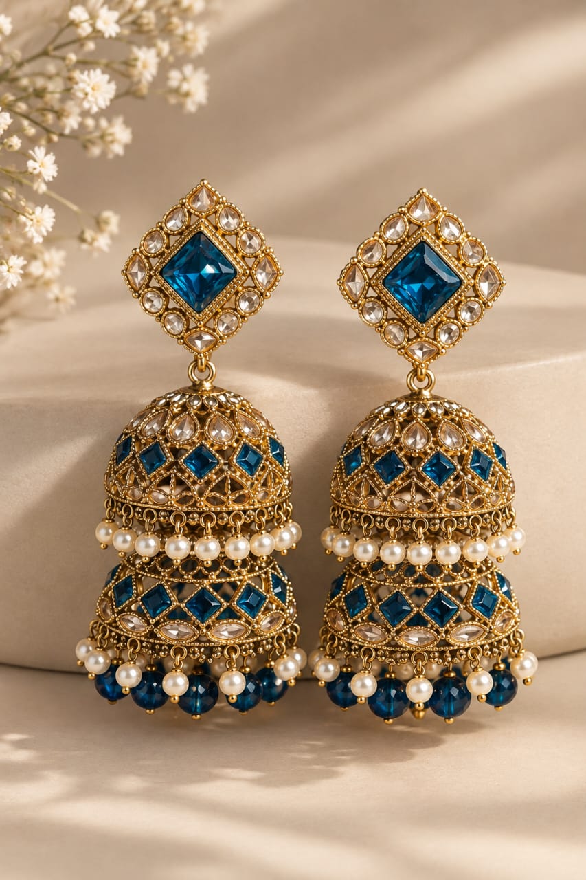 Royal Blue & Gold Jhumka Earrings  [J56]