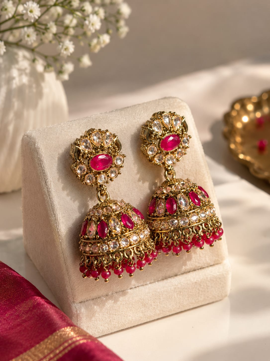 Royal Ruby Pink Jhumka Earrings [J70]