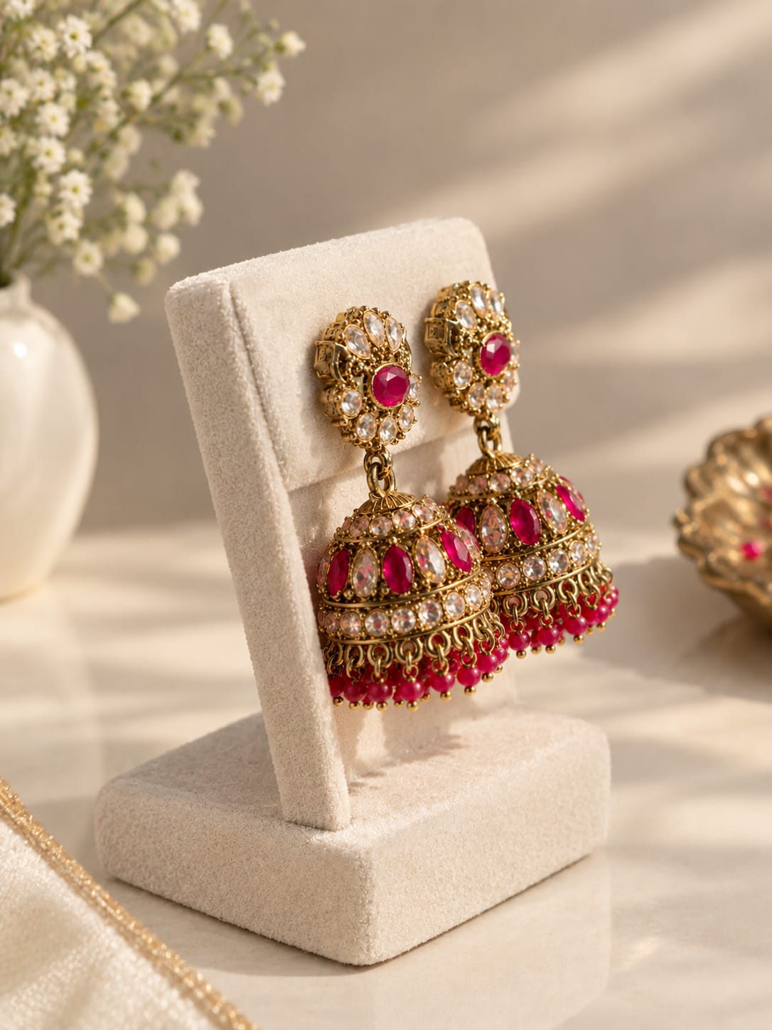 Royal Ruby Pink Jhumka Earrings [J70]