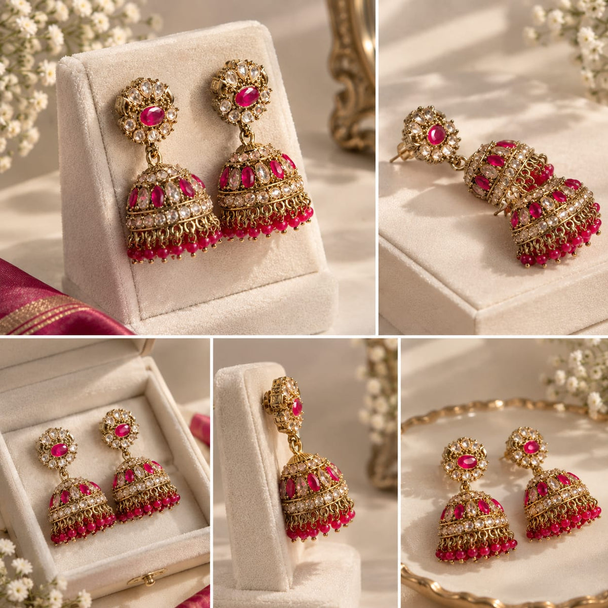 Royal Ruby Pink Jhumka Earrings [J70]