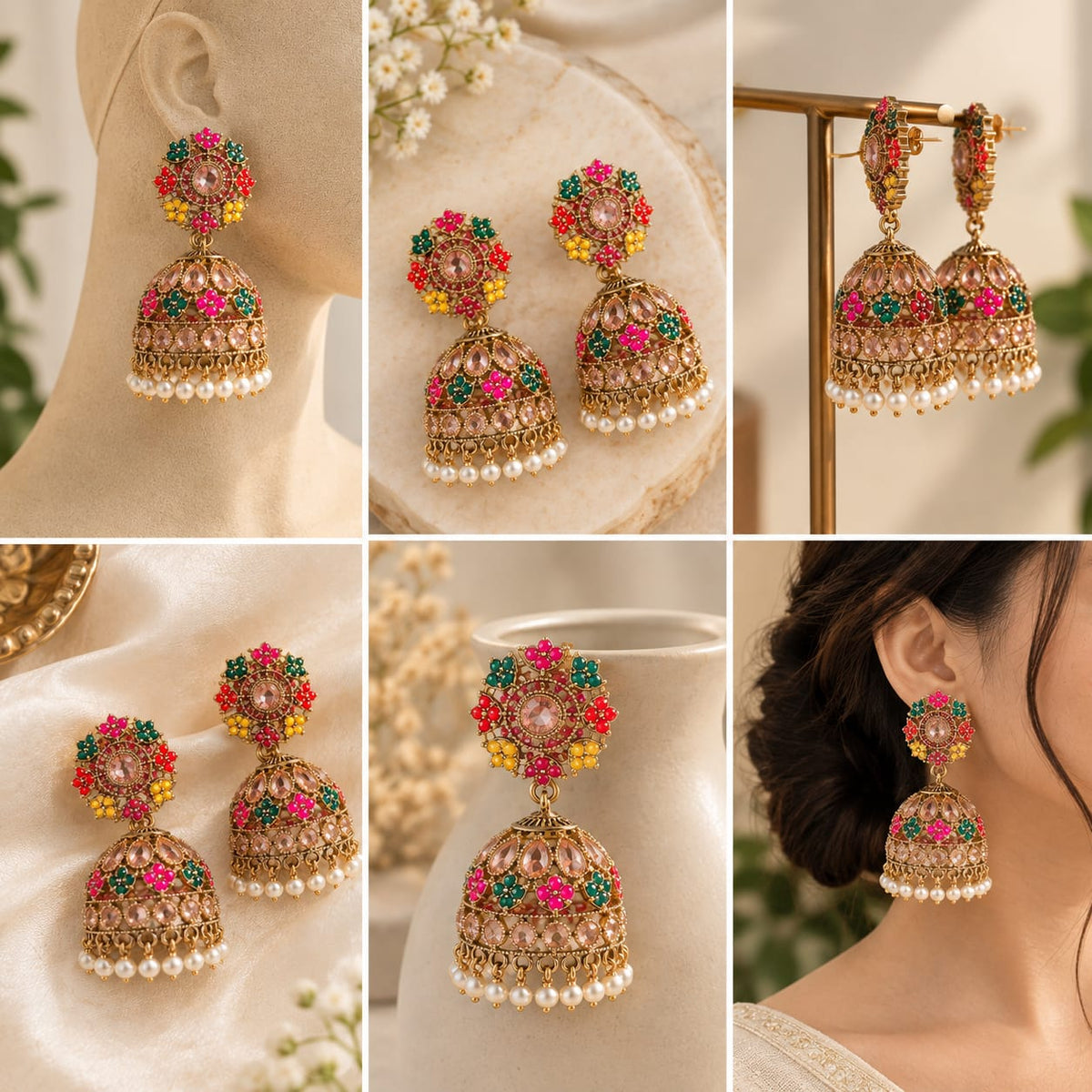 Multicolour Antique Gold Jhumka Earrings [J65]