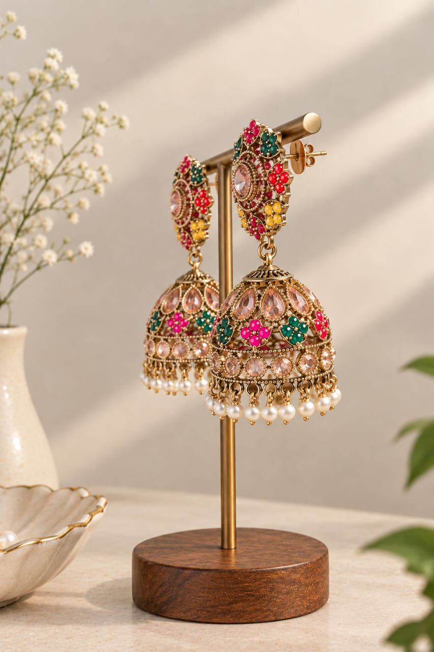 Multicolour Antique Gold Jhumka Earrings [J65]