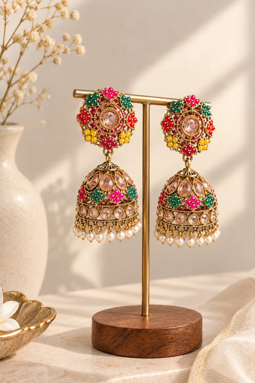Multicolour Antique Gold Jhumka Earrings [J65]