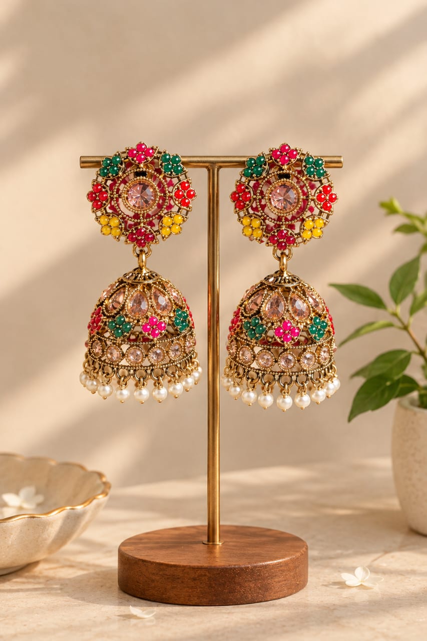Multicolour Antique Gold Jhumka Earrings [J65]