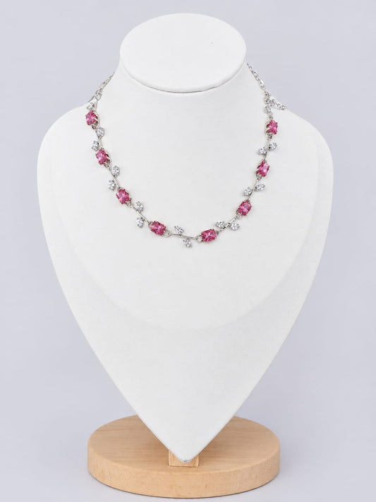 Elegant Pink Stone Silver Finish Necklace [J106]