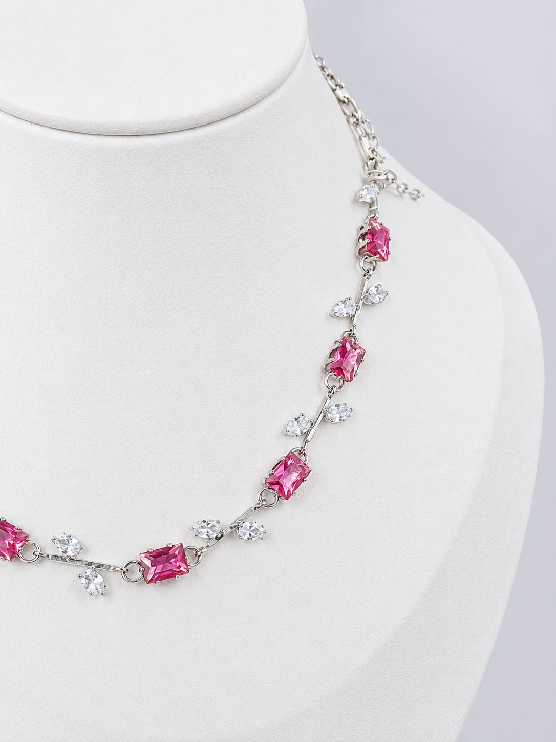 Elegant Pink Stone Silver Finish Necklace [J106]