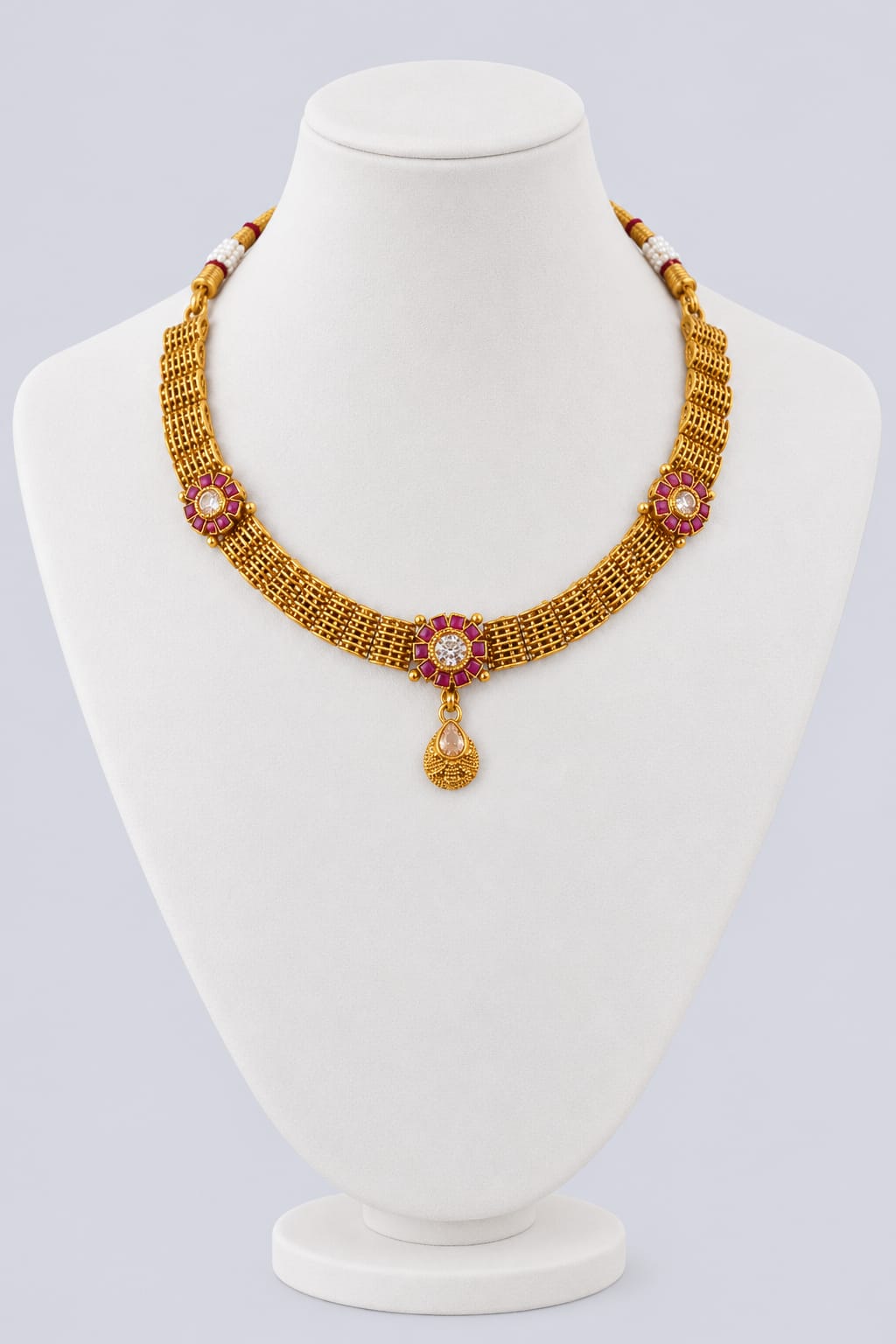 Antique Gold Finish Ruby Floral Necklace[J24]