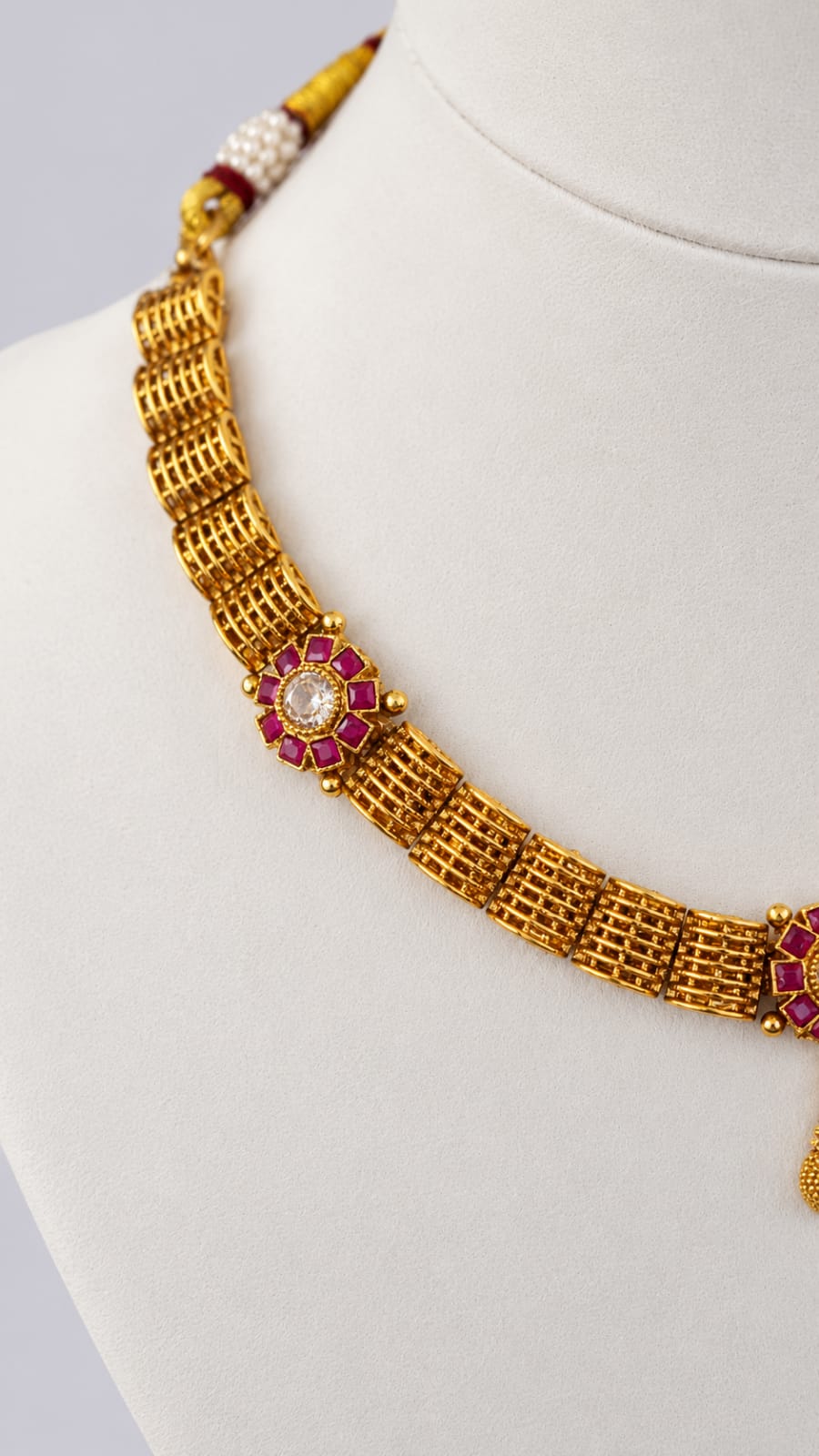 Antique Gold Finish Ruby Floral Necklace[J24]