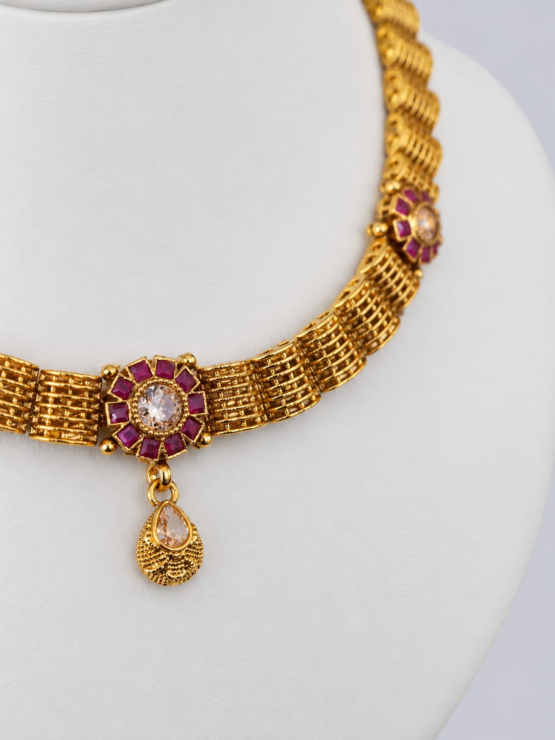 Antique Gold Finish Ruby Floral Necklace[J24]
