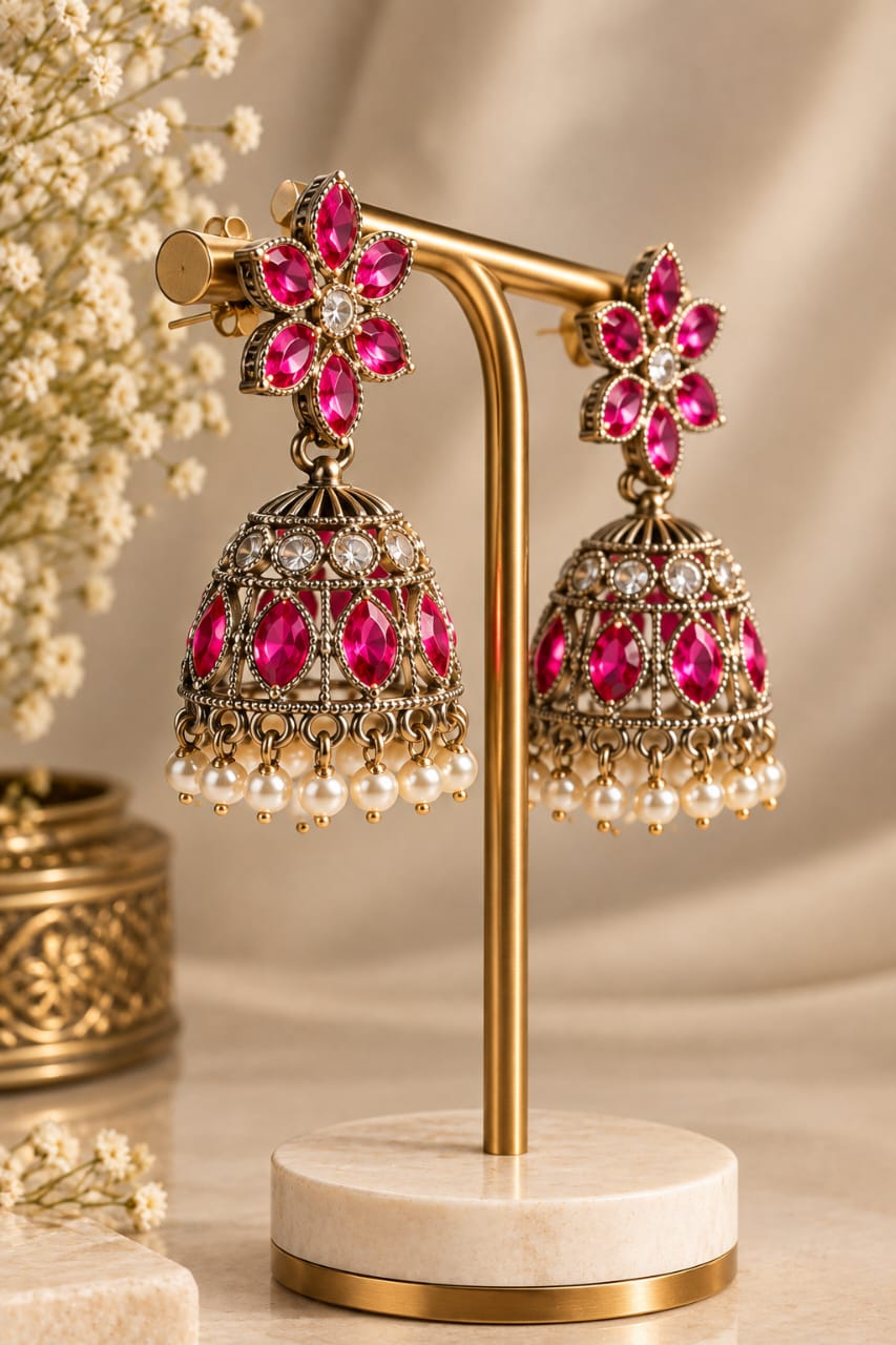 Pink Stone Floral Jhumka Earrings [J55]
